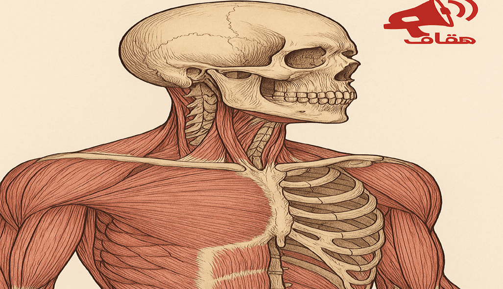 رسم تشريحي يُظهر عضلات وعظام الجزء العلوي من جسم الإنسان – حقائق غريبة عن جسم الإنسان